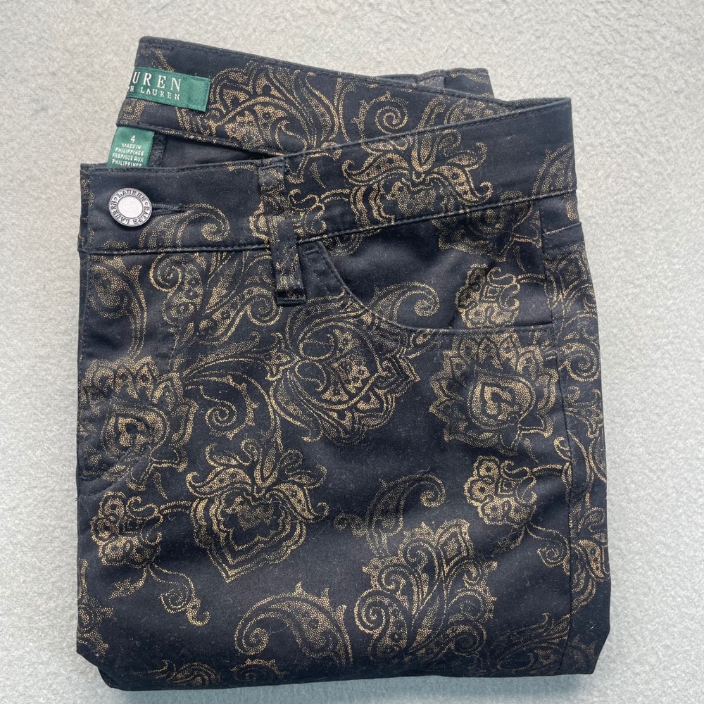 Lauren Ralph Lauren Paisley Pants Women 4 Black Gold Metallic Slim Brocade 31x30